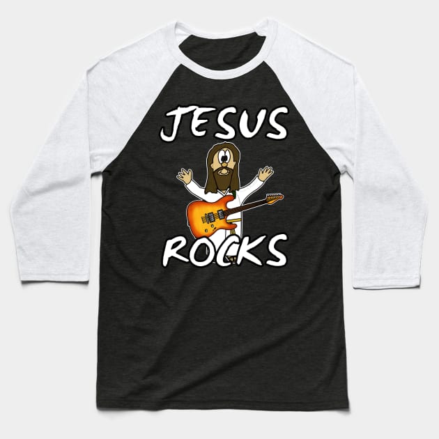 Jesus Rocks Electric Guitar Christian Guitarist Baseball T-Shirt by doodlerob